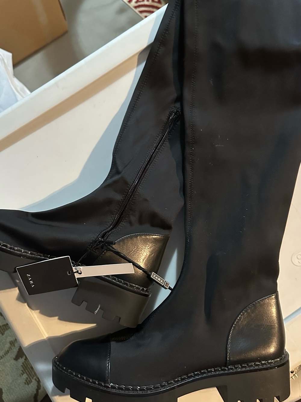 Zara Black Over-the-Knee Stretch Lug Sole Boots